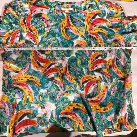 Chico's 100% Linen Tropical Banana Print Short Sleeve Top Size 3 - Picture 8 of 10